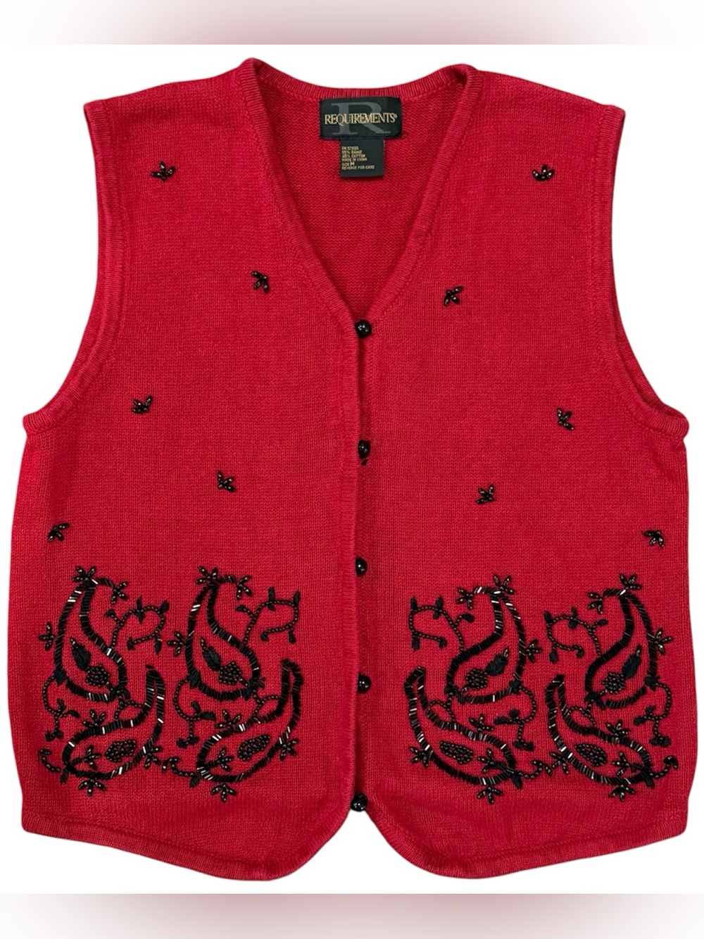 Requirements Beaded Knit Vest Women M Red Vintage Paisley Ramie Cotton Blend